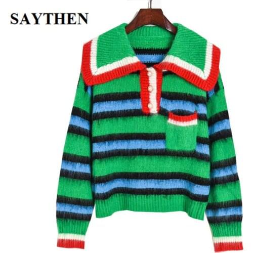 SAYTHEN Autumn and winter new style collision color green sweater women stripe mohair big lapel loose knit jumper female