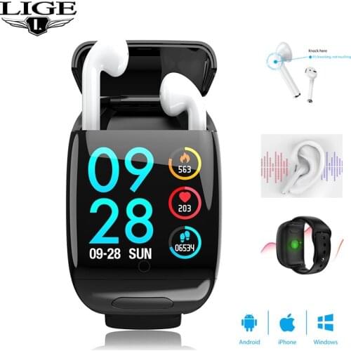 LIGE New Smart Watch TWS Bluetooth Headset Wireless Headphone Fitness Bracelet Heart Rate Monitor Smartwatch for iOS Android