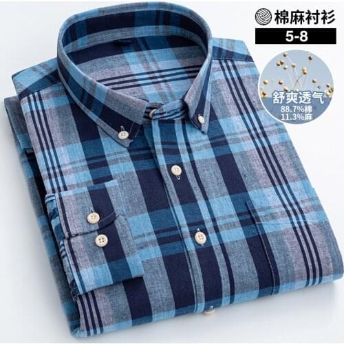 Striped Shirt Pure color Plaid Shirt Long-sleeved Shirt Mens Middle-aged Business Leisure Plus Size Hemp Shirt Korean Clothes