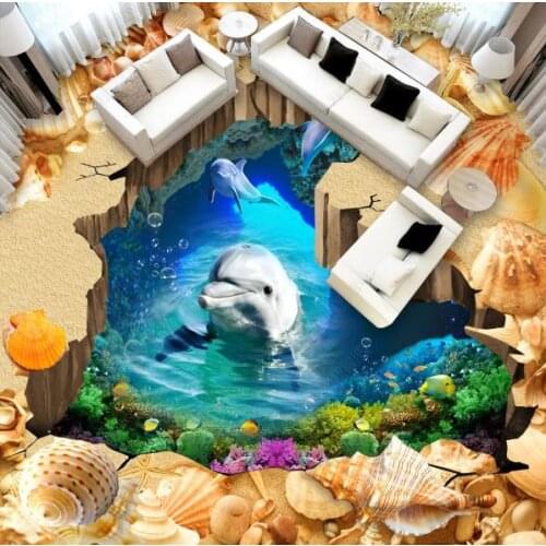 Custom vinyl floor tiles Beach dolphin 3d flooring wallpapers for child room Bathroom living room pool Self-adhesive waterproof