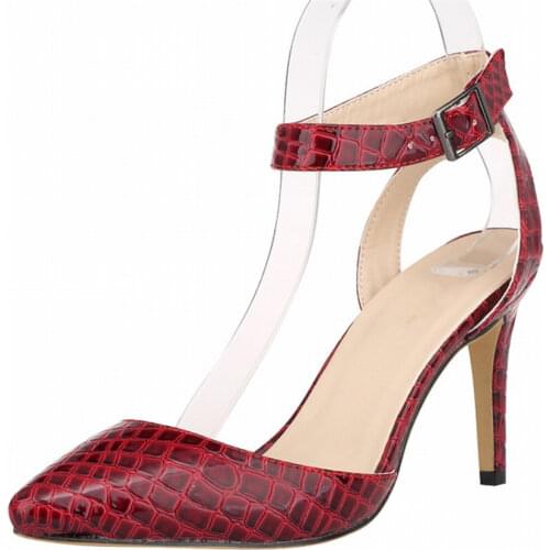 2021 Pointy Toe Fashion Crocodile Pattern Women Sandals Buckle Strap Hollow High Heel Red Blue Female Summer Wedding Party Shoes