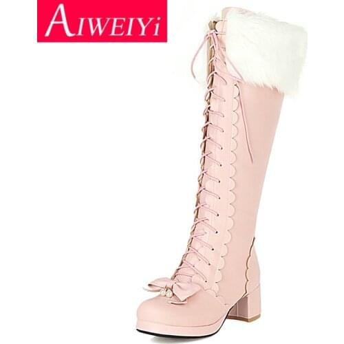 Fur Knee High Boots for Women Round toe Square High Heels Lace Up Thigh High Boots Sweet Bow Lolita Shoes Gothic Winter Boots