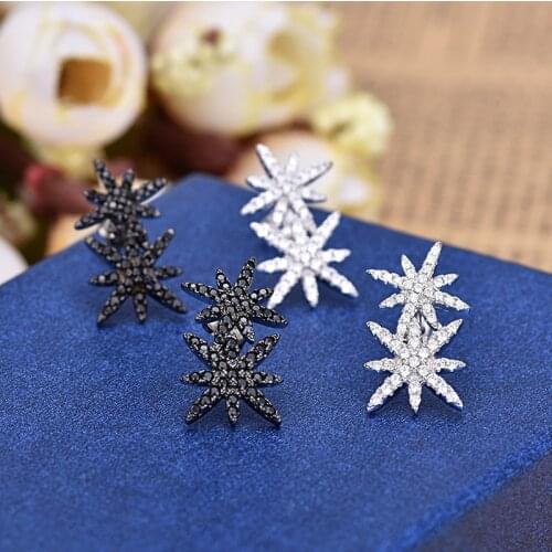 Female Earrings Silver Color Black Double Star Cubic Zircons Simple Ear Stud For Women Girls Nice Gift For Birthday Zk30