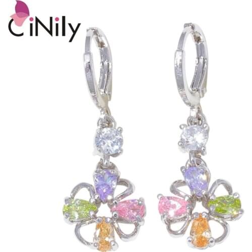 CiNily Created Multi-colors Stone Silver Plated Wholesale for Women Jewelry Wedding Engagement Drop Earrings 1 1/4" FH8302