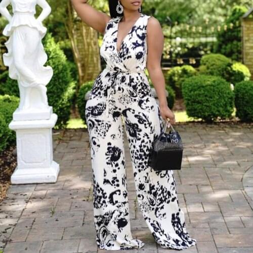 Europe America Womens African Jumpsuit Deep V-neck Printing Loose High Waist 2021 Summer New Casual Temperament
