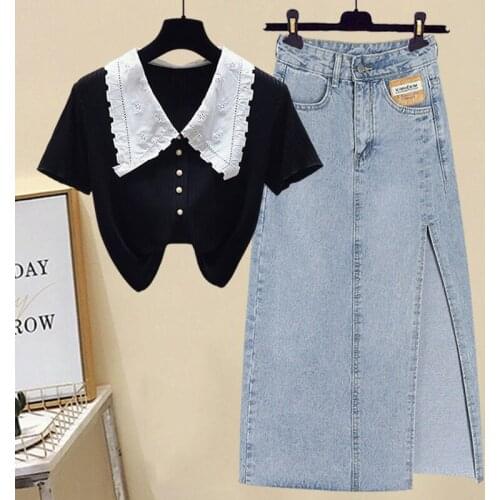 Plus Size Womens 2021 New Summer Korean Doll Shirt Short-sleeved Top + Womens Waist Denim Skirt Two-piece Suit
