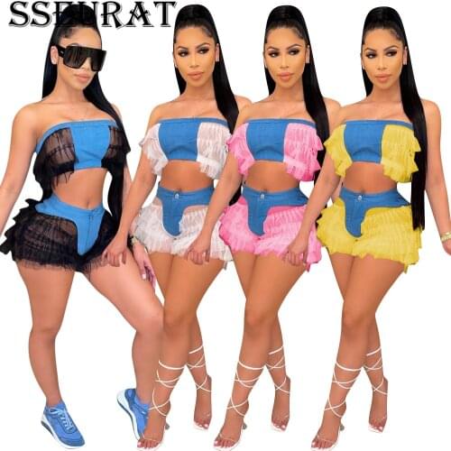 SSEURAT Mesh Patchwork See Though Womens Set Strapless Crop Tops and Ruffles Shorts Matching Two Piece Set Outfits Tracksuit