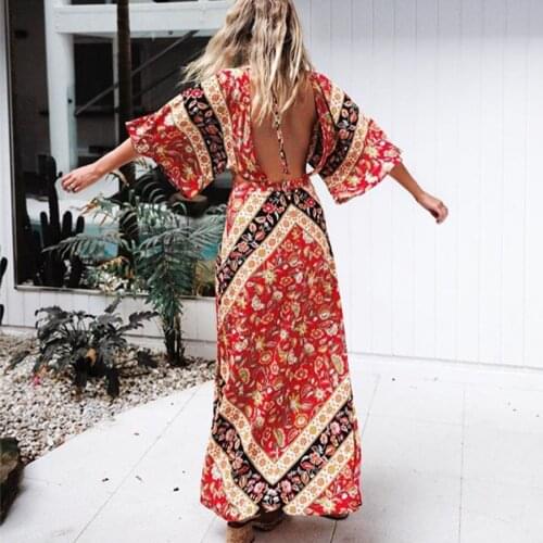 AYUALIN sexy backless women dresses cotton orange floral print boho dress v-neck Side slit maxi dress summer Dresses Vestidos