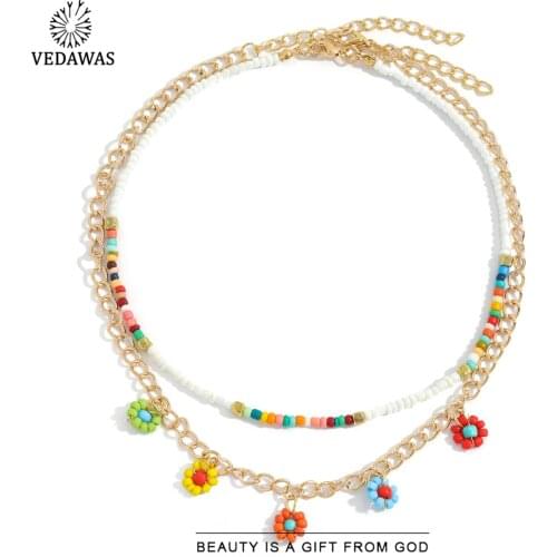 Vedawas Fashion Colorful Beaded Acrylic Layer Link Chain Necklace for Women Ethnic Shell Stone Letter Pendant Necklace Jewelry