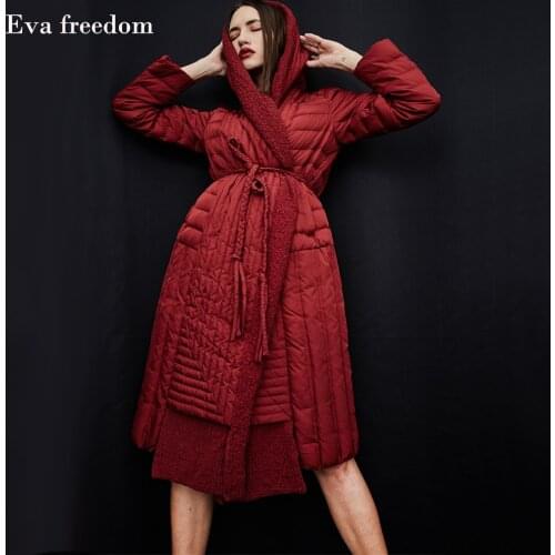 Winter new fashion brand fluffy filler hooded 95% white duck down jacket female super longer warm down coat with belt wq630