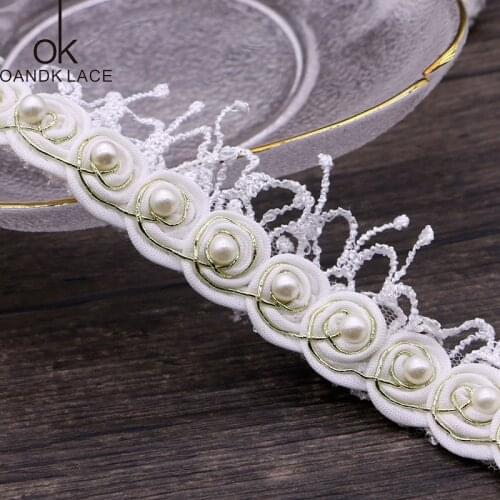 1Yards Pearl Beaded Embroidered Flower Lace Ribbon Trim Beaded Fringe African Lace Fabric Handmade Dress Sewing Supplies