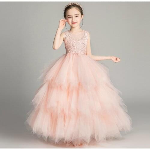 2020 Princess Flower Girl Dresses Ball Gown Crystals Lace Appliques Top O Neck Sleeveless Ruffled Girls Dress