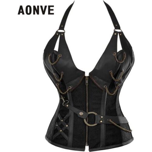 AONVE Steampunk Corset Gothic Clothing Corsets and Bustiers Corsage 4 Steel Boned Women Zipper Faux Leather Corselet Corset Tops