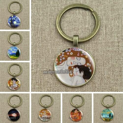 Van Gogh Art Oil Painting Mothers Love Keychain Men Women Glass Keyring Starry Night Sunflower Fashion Pendant Gift for Mother