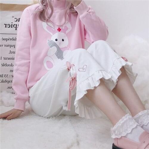 Sweet Kawaii Lolits Style Women Pants 2021 Summer Cute High Waist Love Embroidery Mori Girl Trousers Drawstring Ruffles Female