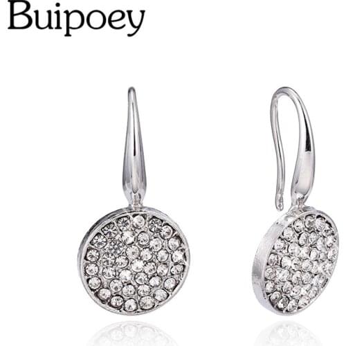 Buipoey Vintage Round Dangle Charm Hook Earring For Women Girls Fine Shiny Crystal Silver Color Eardrop Friends Birthday Gift