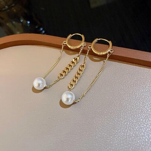 GSOLD Geometric Metal Pearl Chain Dangle Drop Earrings Simple Metallic Small Ear Buckles Women Fashion Temperament Jewelry
