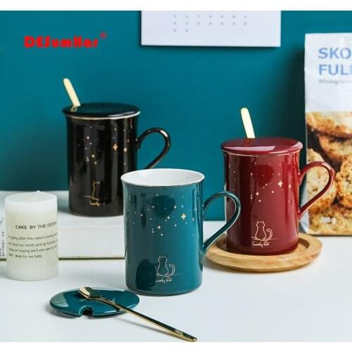 Cat starry sky ceramics Mug with spoon lid,Vintage porcelain mug,Flower Tea Set Coffee Cup,Water Milk Coffee Drinkware Gift