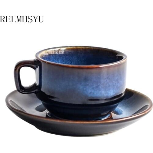 RELMHSYU Ceramic Deep Blue Coffee Cup And Saucer Set Breakfast Afternoon Tea Set Japanese Simple Retro Utensils Drinkware