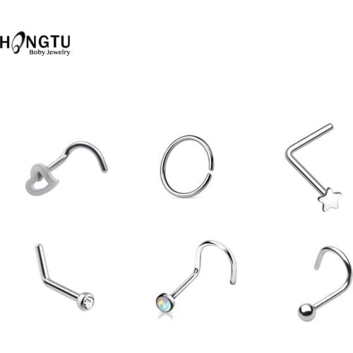 HONGTU 6Pcs/set Heart Star Nose Screw Rings 20g Steel Nose Piercing Body Jewelry Elegant Nose Stud Women Girls Nostril Piercings
