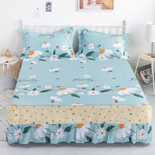 （ New product） Cotton Printed Bed Skirt Pillowcase Korean Lotus Leaf Lace Anti-Skid Bed Cover Sheet Protective Cover Home Decor