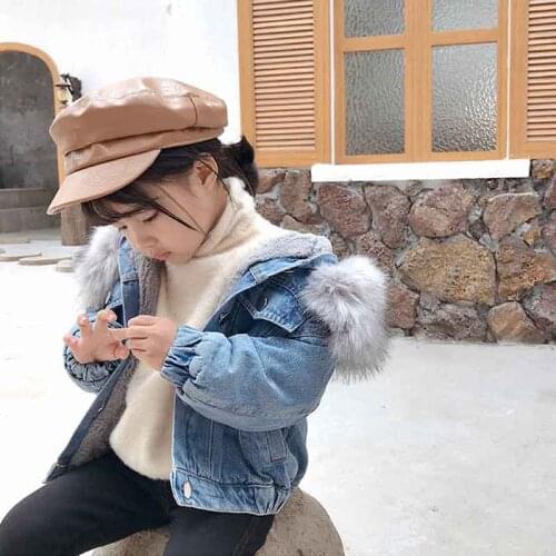 Toddler Baby Denim Jackets Fleece Thick Jeans Coat Fur Collar Hooded Bomber Jackets Winter 2-7years Princess Girls Casual Coat