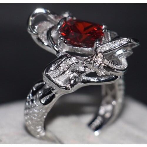 Wholesale Professional Fashion Jewelry 925 Sterling Silver Cushion Shape Red 5A CZ Zirconia Party Women Wedding Mermaid Ring GIf