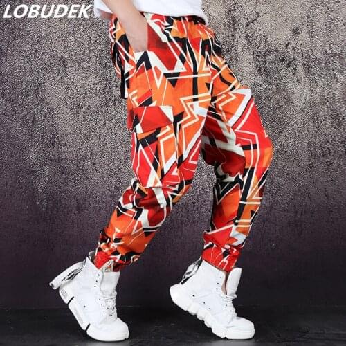 Tide Male Orange Geometry Pattern Harem Pants Long Pant Singer Dancer Hip Hop Rock Dance Performance Nightclub Show Pencil Pants