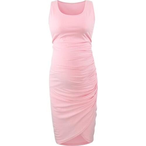 Maternity Tank Dress Ruched Sleeveless Bodycon Ropa Mujer Pregnancy Baby Shower Or Daily Wearing Solid Knee Length Shirred Dress