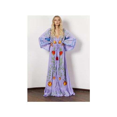 European and American new flower embroidery V-neck large trumpet sleeve Goddess Dress