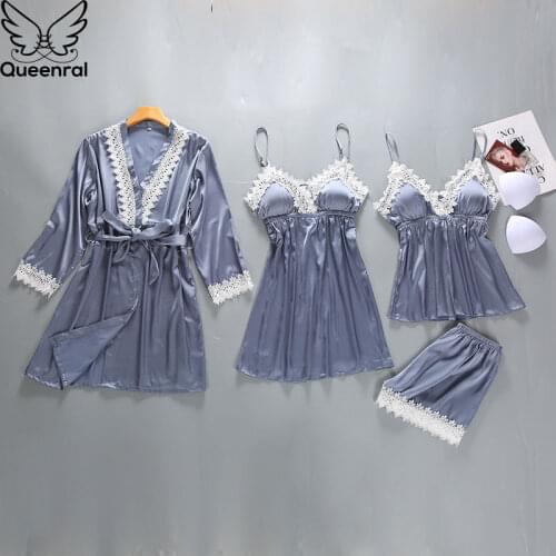 Queenral 4PCS Pajamas Set Satin Sleepwear Female With Chest Pads Pijama Long Sleeve Summer Home Clothing Nightwear Robe Pyjamas
