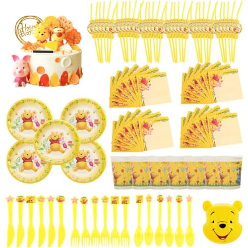 92pcs Winnie the Pooh Theme Disposable Tableware Sets Cup Plate Happy Birthday Kid’s Favorite Cartoon Decoration Party Supplies