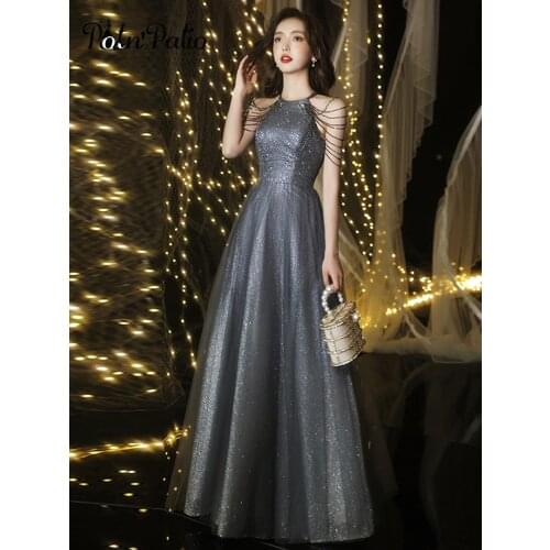 Gray Evening Dresses With Beads Elegant Halter Sleeveless A-Line Floor-length Shiny Sparkly Women Prom Gowns For Graduation