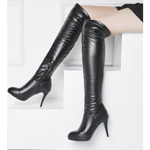 Customized Size 32-45 Winter Women Black Long High Heels 10Cm Over Knee Zipper Leather Booties Zapatos De Mujer Boots Shoes T601