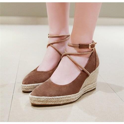 YMECHIC 2019 Spring Kid Suede Cross Tied Ankle Strap Platform Flax Weaving Wedges Shoes Women Wedge High Heel Pumps Black Brown