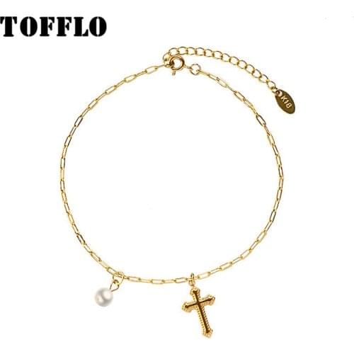 TOFFLO Stainless Steel Jewelry Cross Pendant Pearl Accessories Chain Exquisite Anklet For Woman BSS098