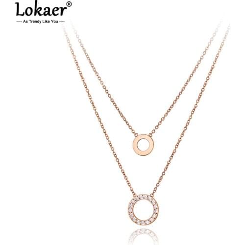 Lokaer New Stainless Steel Double-layer Double Circle Charm Choker Necklace Bohemia CZ Crystal Pendant Necklace For Women N20113