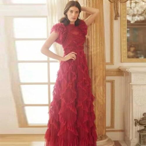 Designer High Quality Fashion Summer New Womens Vintage Elegant Chic Party Cascading Ruffle Red Mesh Polka Dot Long Dress