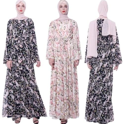Abaya Muslim Floral Print Women Chiffon Long Maxi Dress Kaftan Vintage Robe Gown Arab Swing Dress Flare Sleeve Loose Islamic New