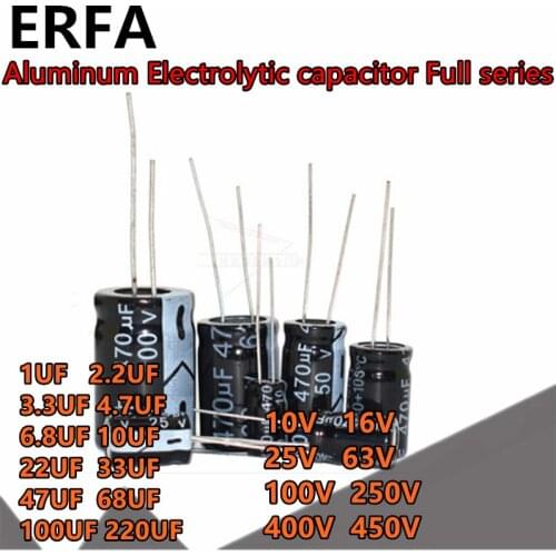 20pcs 10V 16V 25V 63V 100V 250V 400V 450V Aluminum capacitor 1uF 2.2uF 3.3uF 4.7uF 6.8uF 10uF 22uF 33uF 47uF 68uF 100uF 220