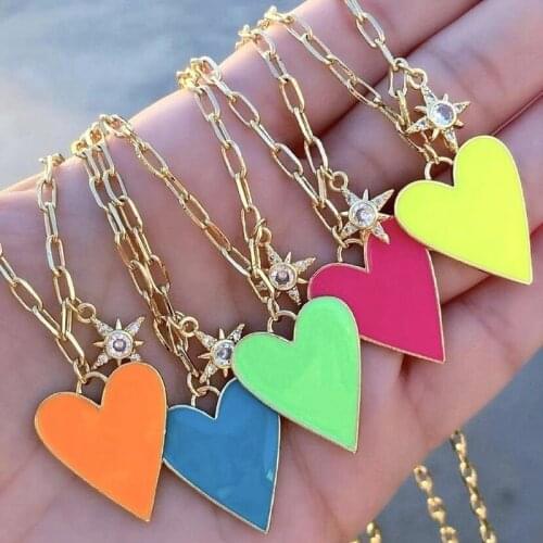 5Pcs Rainbow color enamel necklace, fashion star heart shaped cz chain necklace jewelry