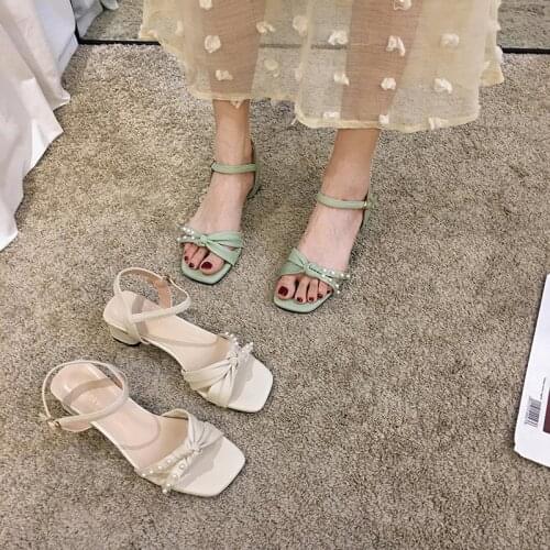 Womens shoes sandals spring 2021 new thick heel pearl mid-heel shoes