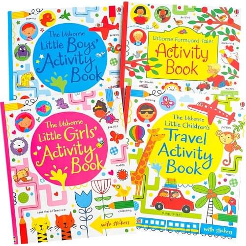 4 Books Usborne Activity work Books in English Children Scene Puzzle Game with Stickers Travel Farmyard Book for Kids