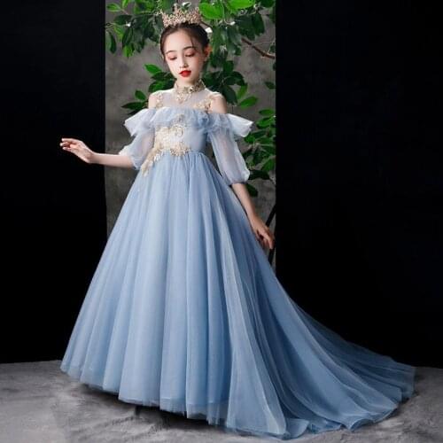 Children Sequins Stitching Flower Girls Trailing Evening Gown Kids Catwalk Birthday Party Princess Dress For Girls Vestidos L836