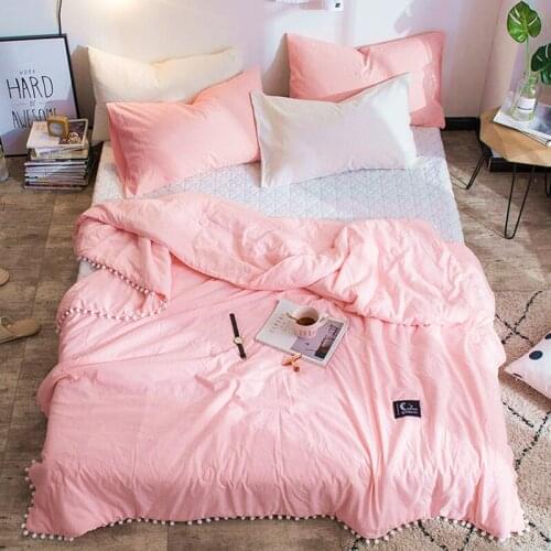 Summer Air Condition Quilts duvet with little white Pompons bed linens Washed cotton throw blankets Solid bedding comforters