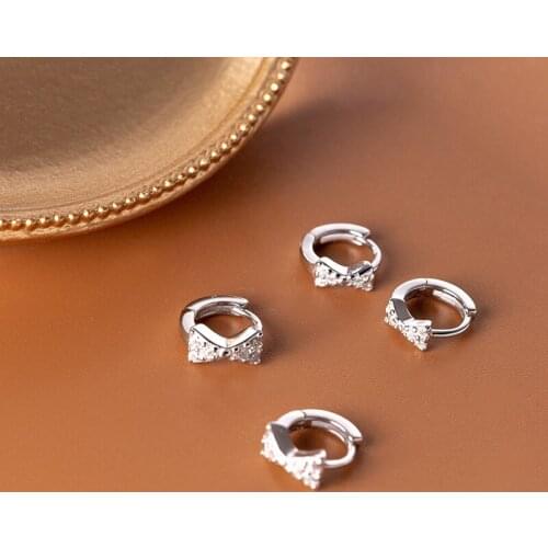 Small Cute Authentic Real. 925 Sterling Silver jewelry CZ Set Bowknot hoop huggie earrings C-G5574