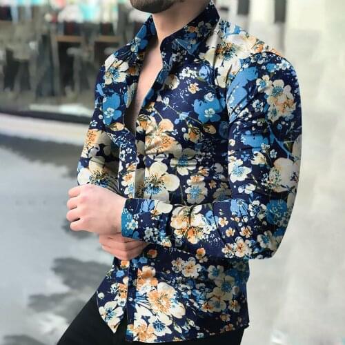 Fashion Mens Casual Spring Autumn Floral Printed Turndown Collar Long Sleeve Button Slim Shirt Tops Blouse Camisa Masculina#g3