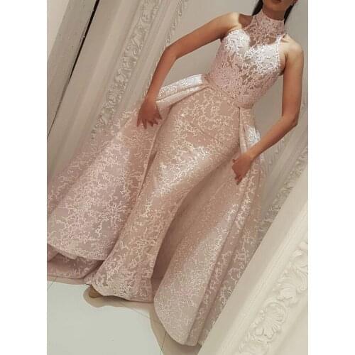 Muslim Evening Dresses 2020 Mermaid High Neck Detachable Skirt Lace Islamic Dubai Kaftan Saudi Arabic Long Evening Gown Prom