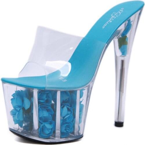 The new model for the summer is a 17CM platform slipper with sky-high heels and clear crystal party slippers