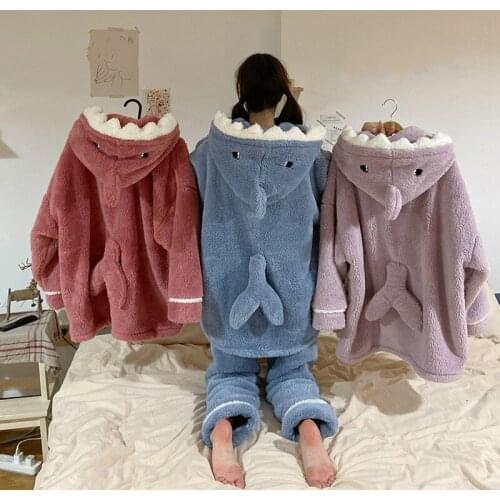 Autumn Winter Women Cute Pajamas Sets Cartoon Shark Hooded Sleepwear Coral Fleece Lady Home Clothes Female Sweet Warm Pyjamas